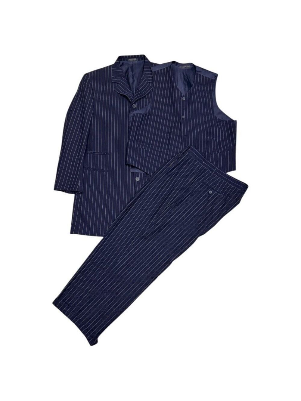 VITTORIO ST ANGELO SUIT Pinstripe Luxury Designer 3-Piece Blue Business Mens 44R